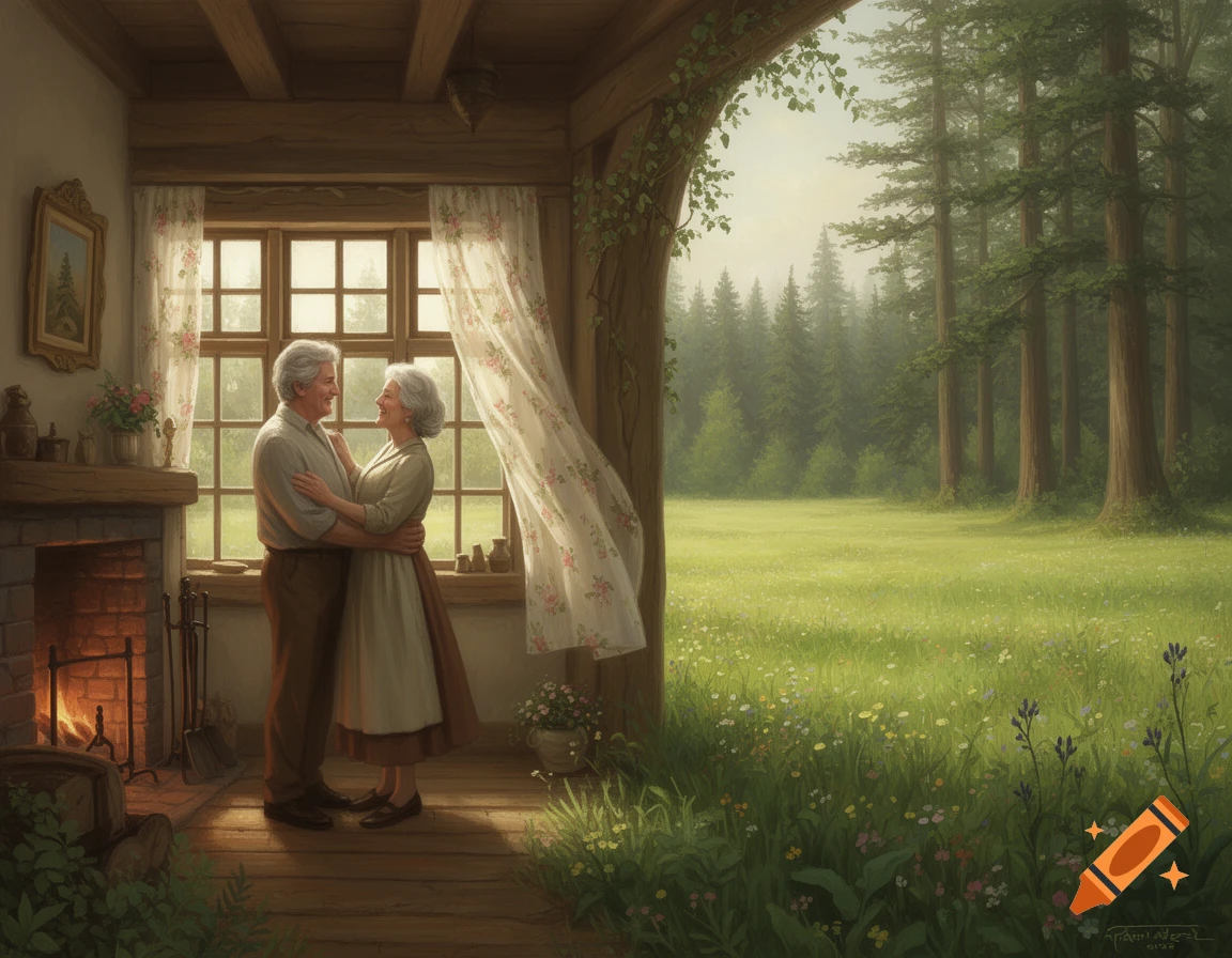 An elderly couple embraces in a cozy rustic home by a fireplace, looking out through a window to a sunlit meadow and lush forest.