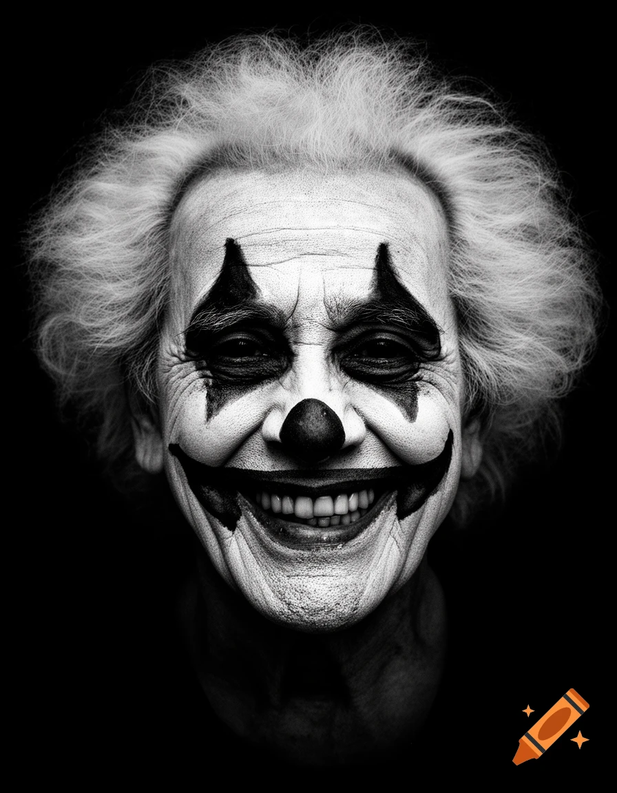Extreme close-up black and white portrait of an elderly man with white hair and creepy clown makeup, smiling unsettlingly.
