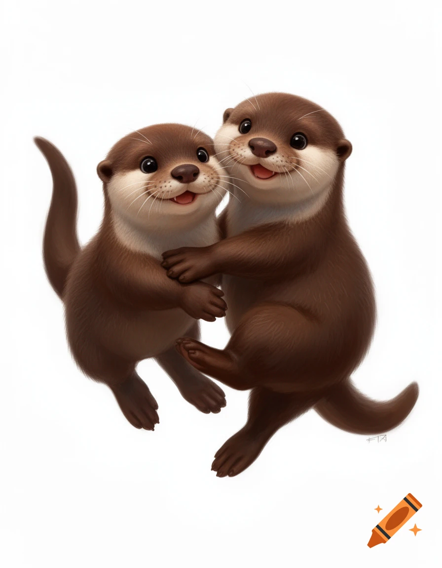 Two cute brown otters with white bellies hug each other on a white background.