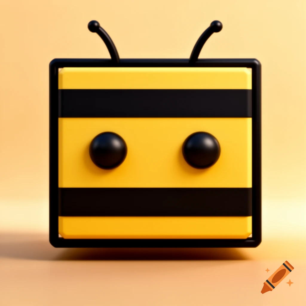 A 3D cartoon icon of a square-headed bee with yellow and black stripes, simple black eyes, and antennae.