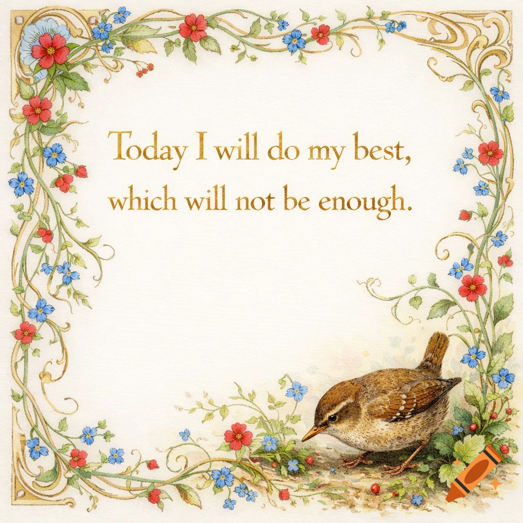 A watercolor Art Nouveau illuminated manuscript with a floral border, featuring the quote "Today I will do my best, which will not be enough" and a foraging wren.