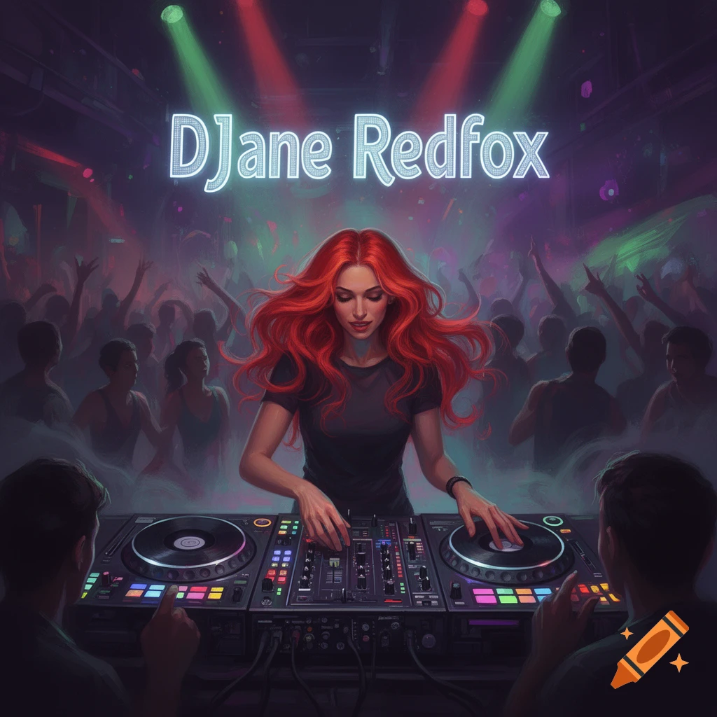A red-haired female DJ controls a mixer and turntables at a vibrant dance party, lit by green and red club lights.
