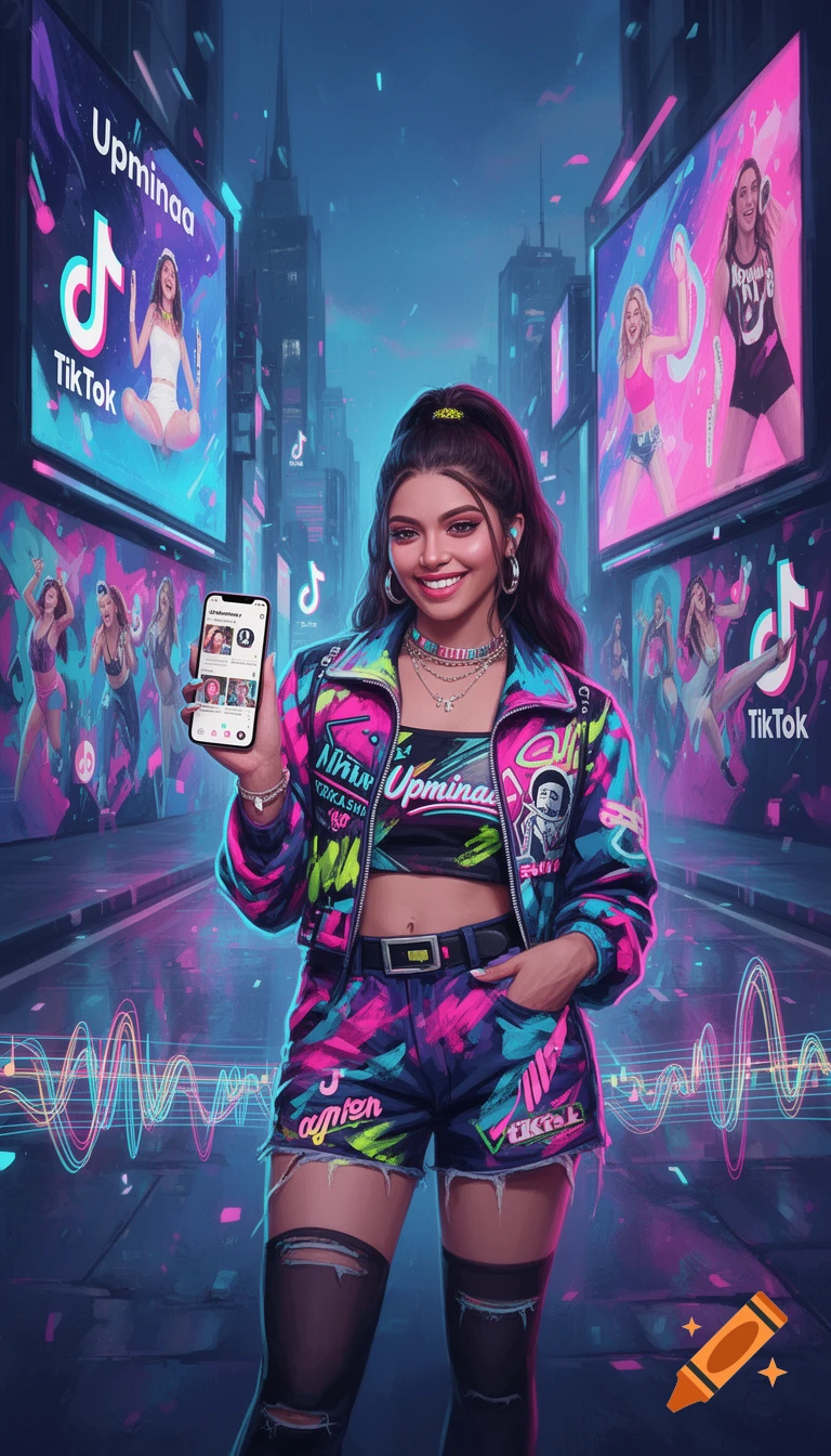 A smiling young woman in a colorful neon outfit holds a phone, standing in a futuristic city street with TikTok billboards at night.