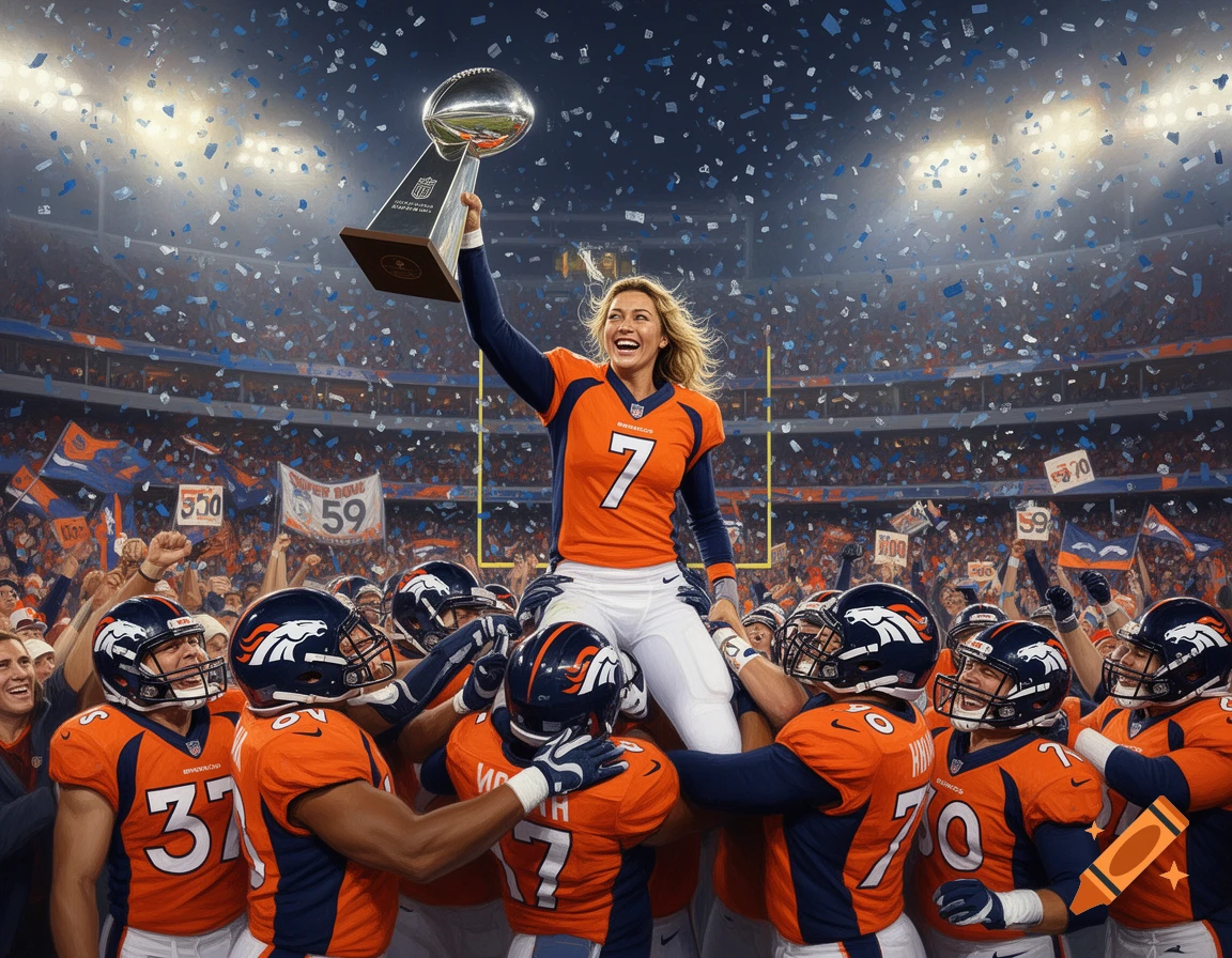 A female quarterback in an orange Broncos uniform is lifted by her team after winning Super Bowl, holding the trophy amidst falling confetti in a stadium.