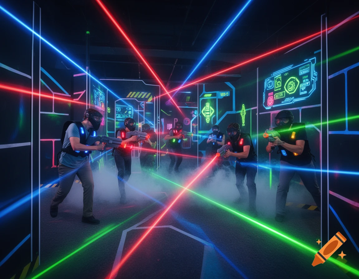 People in vests and masks play laser tag in a smoky, dark arena, surrounded by crisscrossing red, blue, and green laser beams and neon lights.