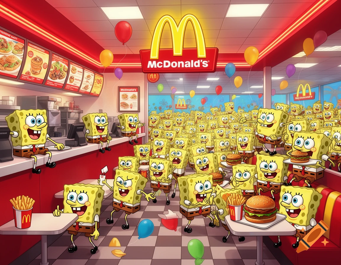 A huge crowd of SpongeBob SquarePants characters fills a McDonald's restaurant, with some holding burgers and fries, and balloons floating around.