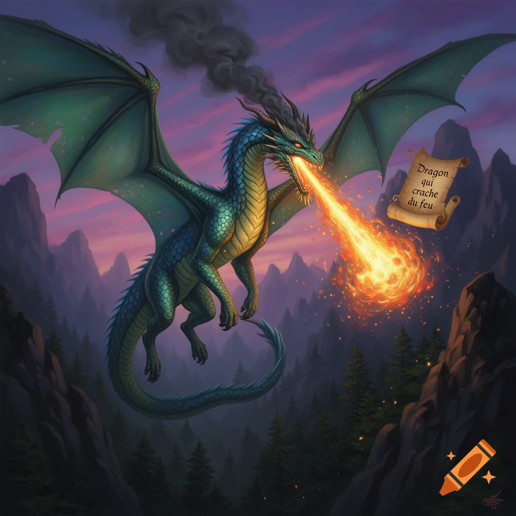 A majestic blue-green dragon with large wings breathes a powerful ...