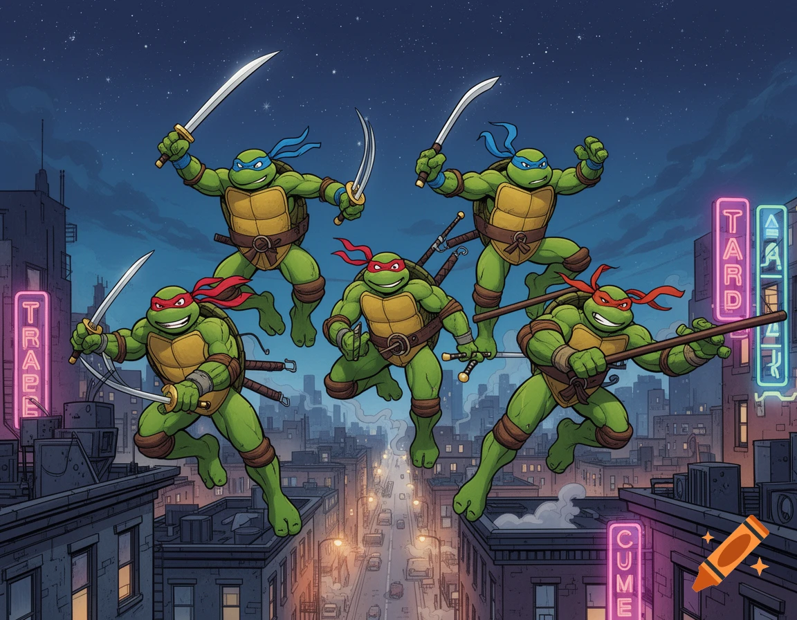 Five Teenage Mutant Ninja Turtles jump across rooftops over a night ...