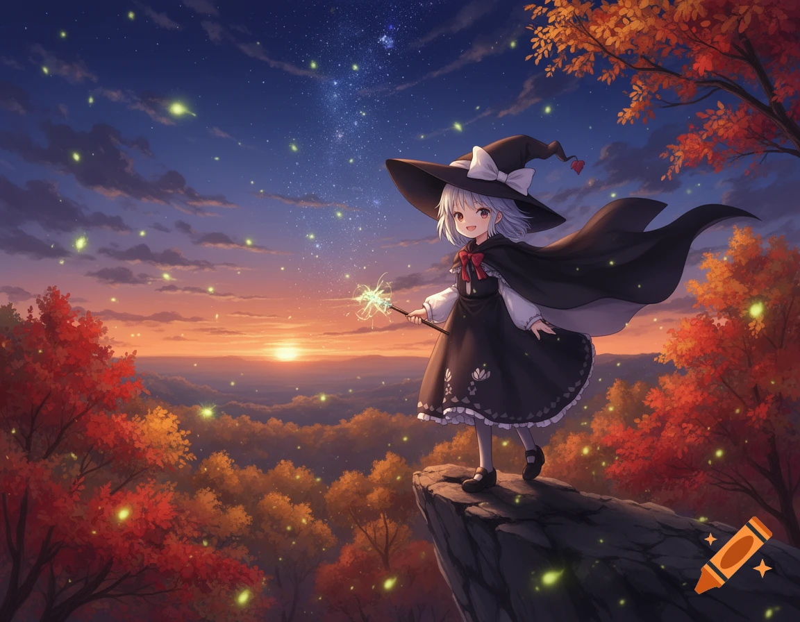 An anime witch girl on a cliff, holding a glowing wand, overlooking an autumn forest at sunset under a starry sky.