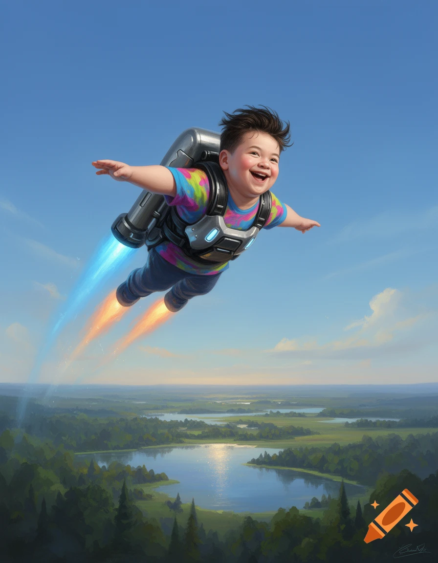 A smiling child flies through a blue sky with a jetpack over a green forest and lakes.