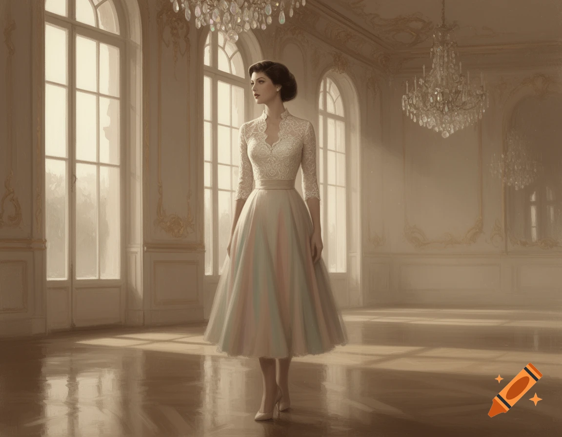 An elegant woman in a white lace dress stands in a sunlit grand hall ...
