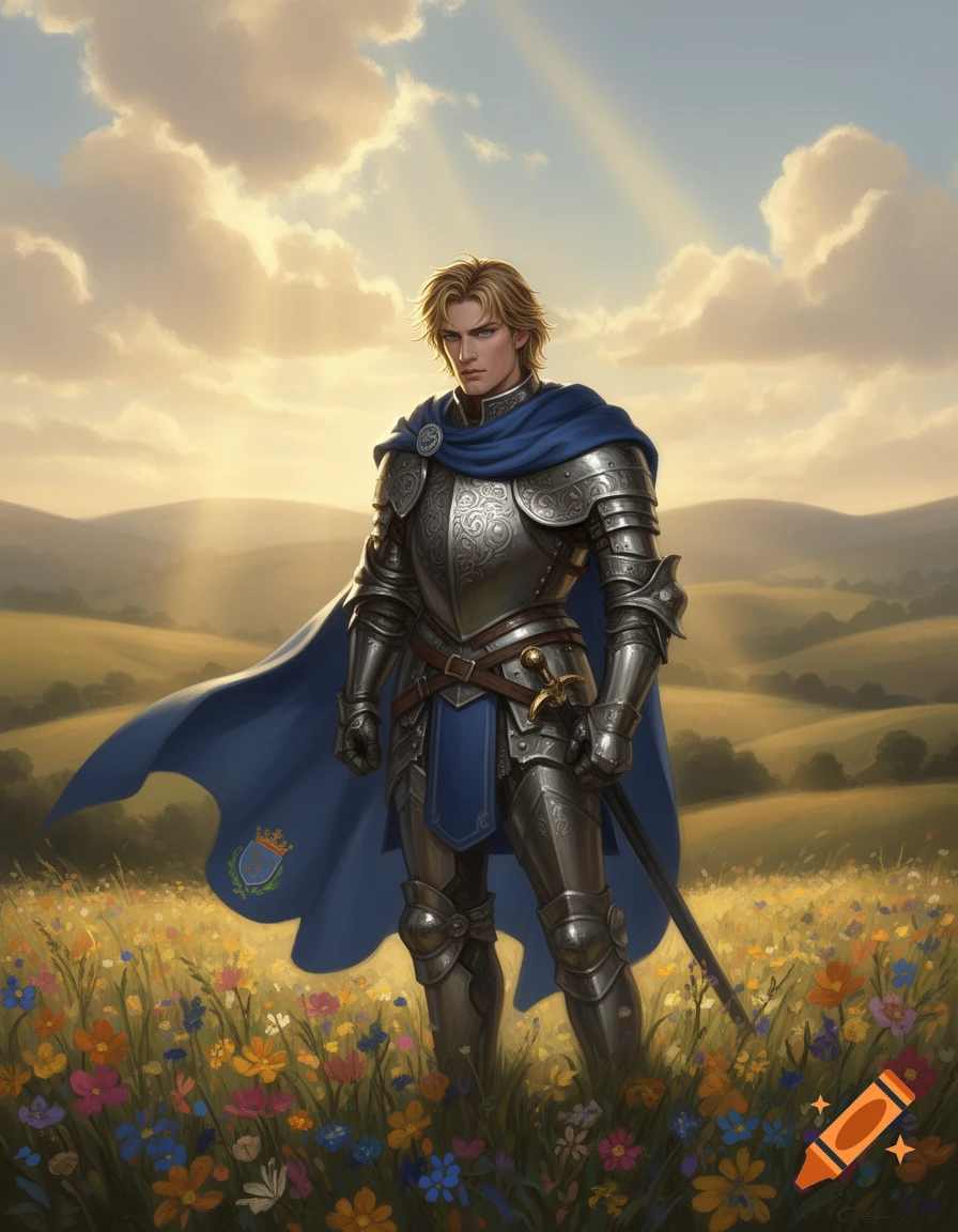 A blonde knight in ornate silver armor and a flowing blue cape stands ...