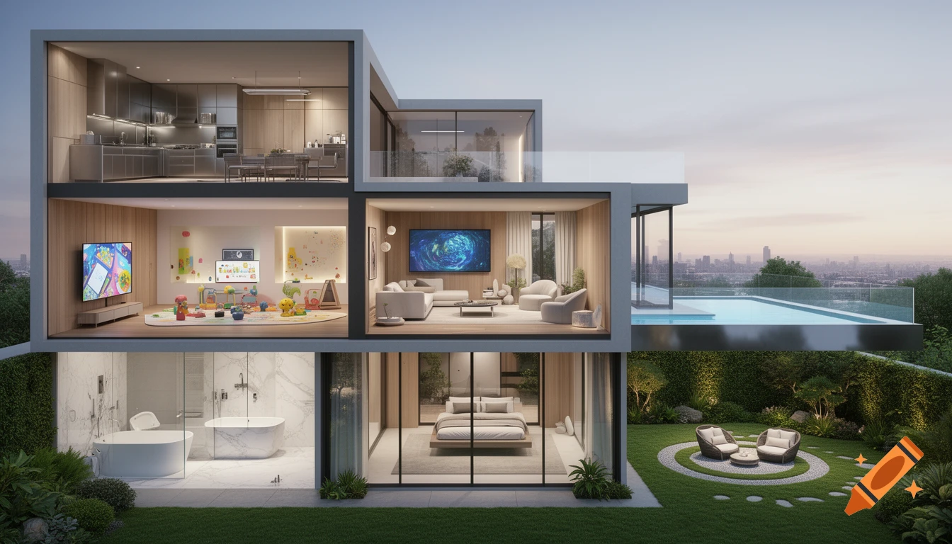 Modern multi-story house showing kitchen, living room, playroom, bedroom, bathroom, rooftop pool, and landscaped backyard with city skyline.