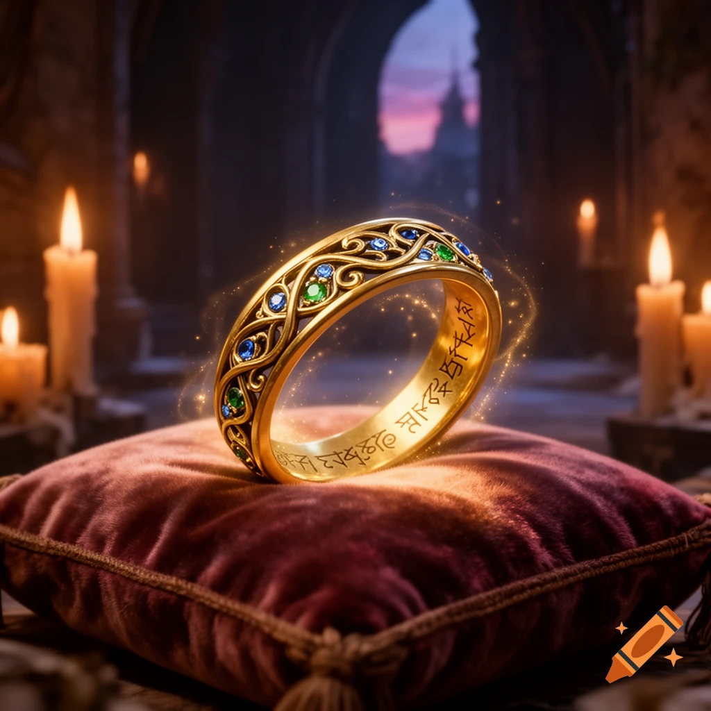 A detailed golden fantasy ring with blue and green gems and intricate carvings rests on a velvet cushion amidst glowing candles in a dark, ancient hall.