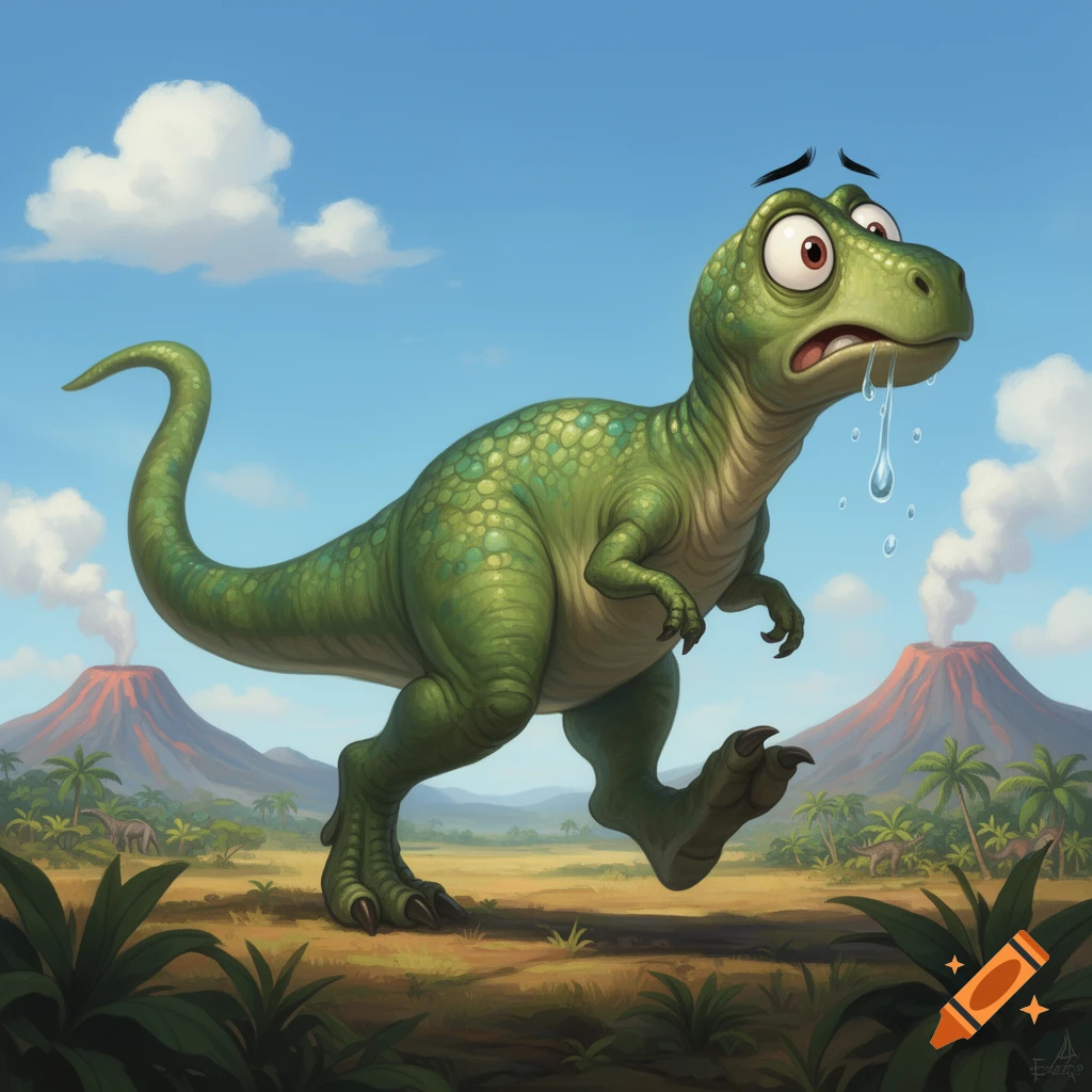 A green cartoon dinosaur with wide, worried eyes and drool, looking desperate as it runs through a prehistoric landscape with smoking volcanoes.