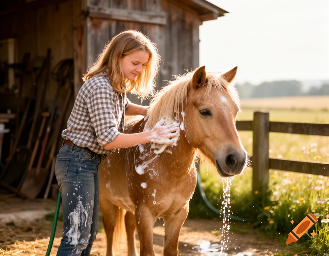 A smiling young girl in a plaid shirt and jeans washes a light brown pony with soap and water outside a rustic barn.