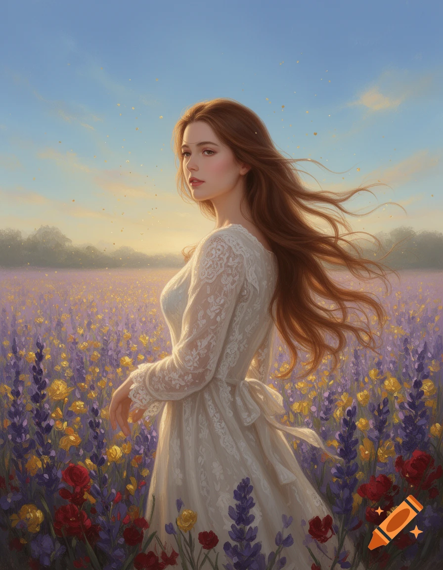 A digital painting of a woman with long brown hair in a white lace ...