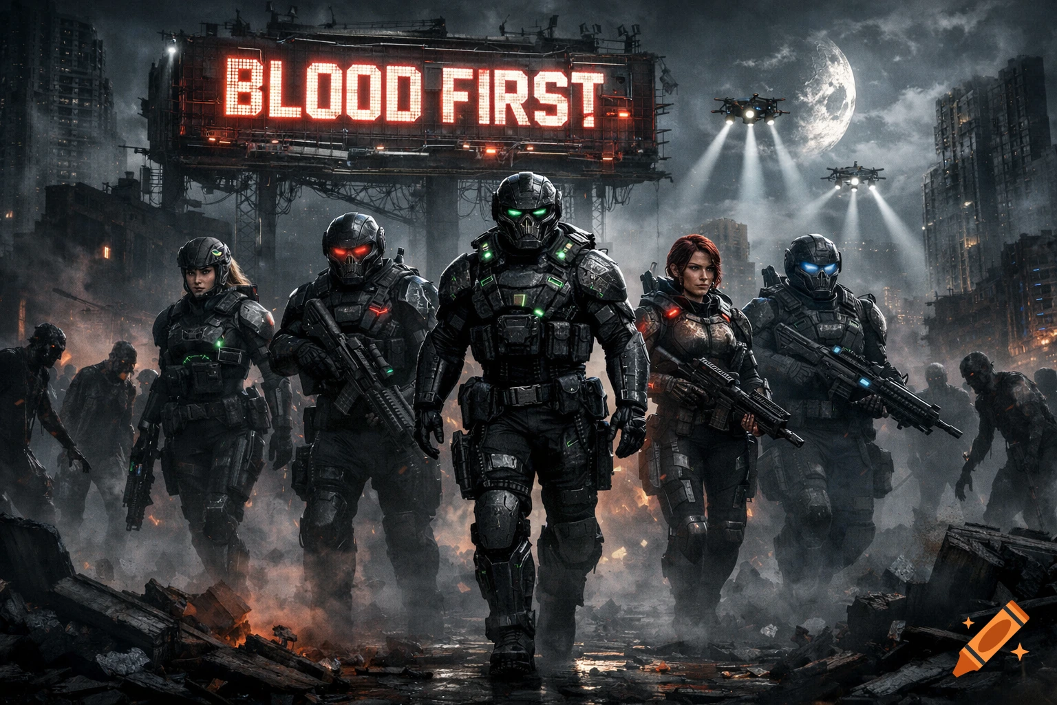 Photorealistic scene of armored futuristic soldiers walking through a ruined city with zombies and a "BLOOD FIRST" billboard under a full moon.