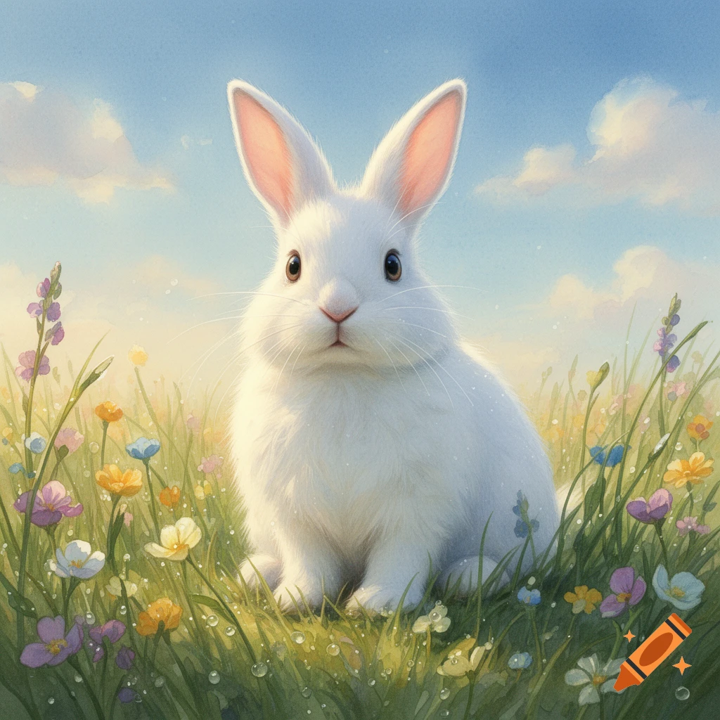 A white fluffy rabbit sits in a field of colorful wildflowers under a blue sky, depicted in a soft, illustrative style.