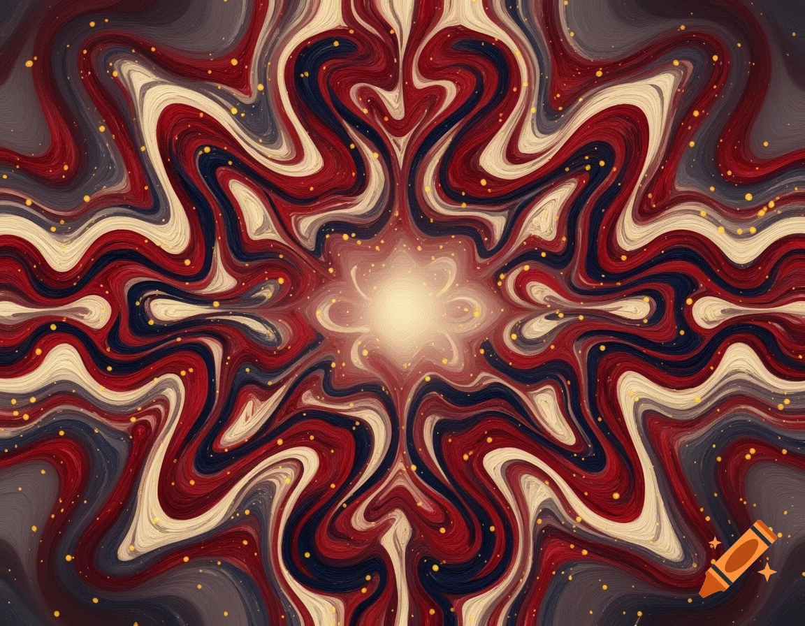 An abstract pattern of swirling red, cream, and dark blue lines radiating from a bright central light, speckled with gold dots.