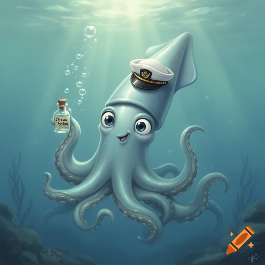 A cute cartoon squid wearing a captain's hat and holding a bottle of 'OCEAN POTION' underwater.