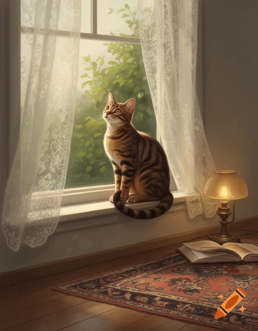 A tabby cat sits on a sunlit windowsill, looking up. Lace curtains frame a leafy view, with a lamp and book nearby.