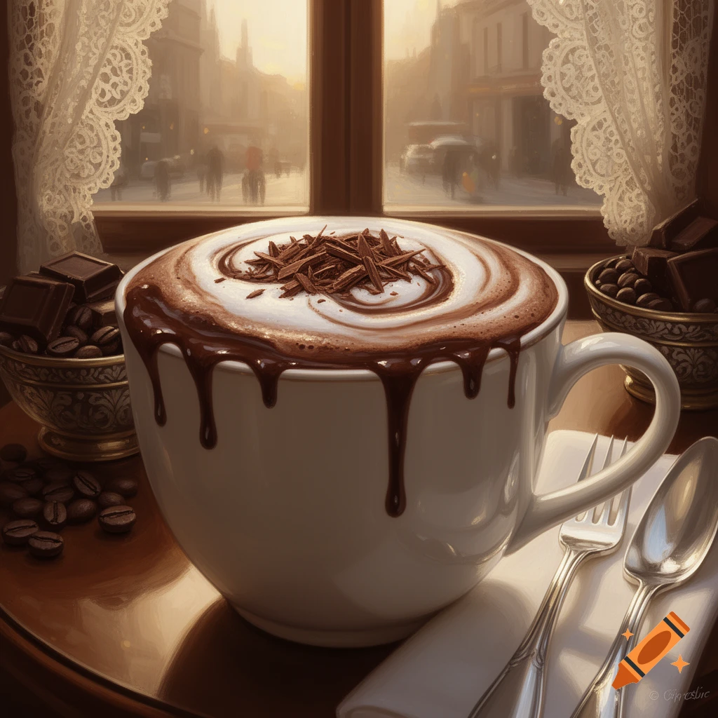 Close-up of a deluxe hot chocolate mug with chocolate shavings and drips, set against a blurred city street scene outside a window.