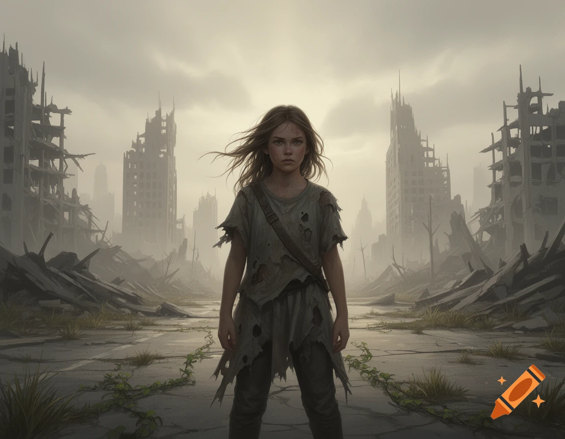 A young girl with windswept hair stands in the middle of a destroyed city under a hazy sky, looking somber.