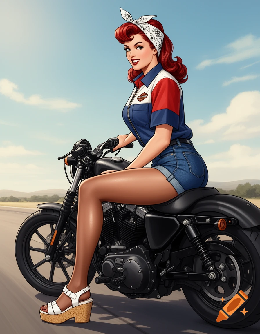 A retro pin-up style woman with red hair and a bandana sits on a matte black Harley-Davidson motorcycle under a blue sky.