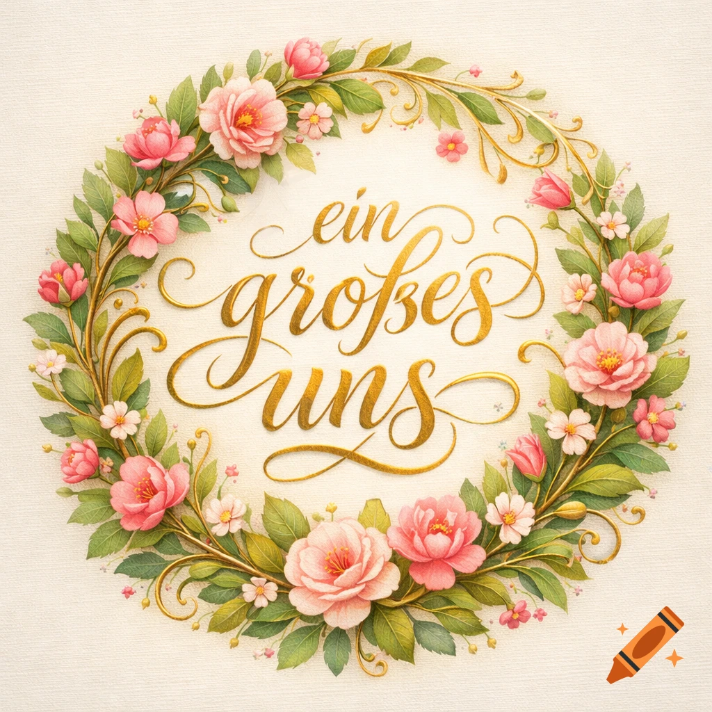 Gold calligraphic text "ein großes uns" surrounded by a wreath of pink roses and green leaves.