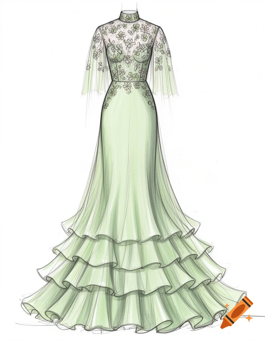 A light green high-neck evening gown fashion illustration with floral embroidery on the bodice and a tiered ruffled skirt.
