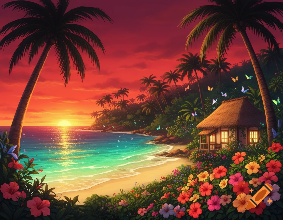 Vibrant tropical beach sunset with palm trees, a hut, colorful flowers, and calm turquoise water.