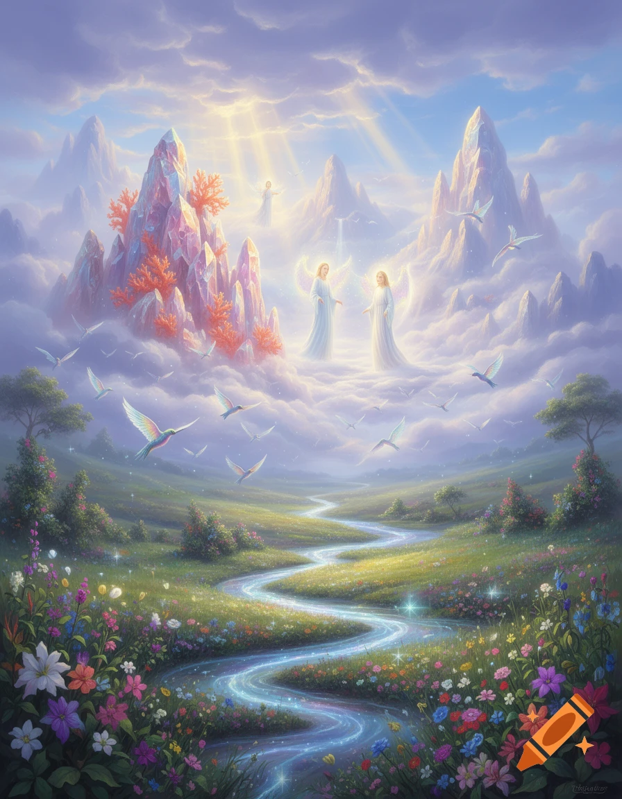 Angelic Worldscape Vibrant fantasy landscape depicting heaven with angels, crystal ...