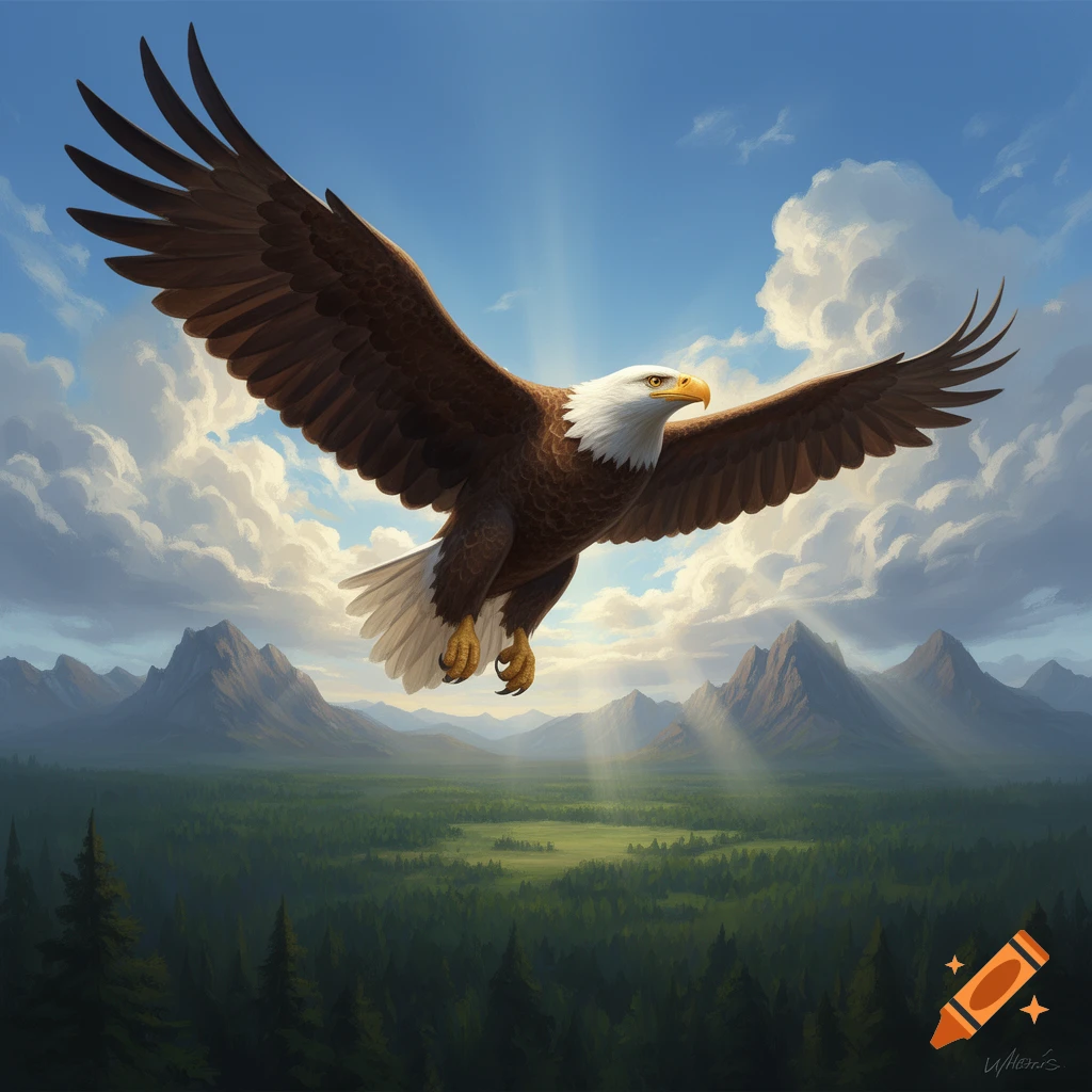 A majestic bald eagle with outstretched wings soars above a green ...