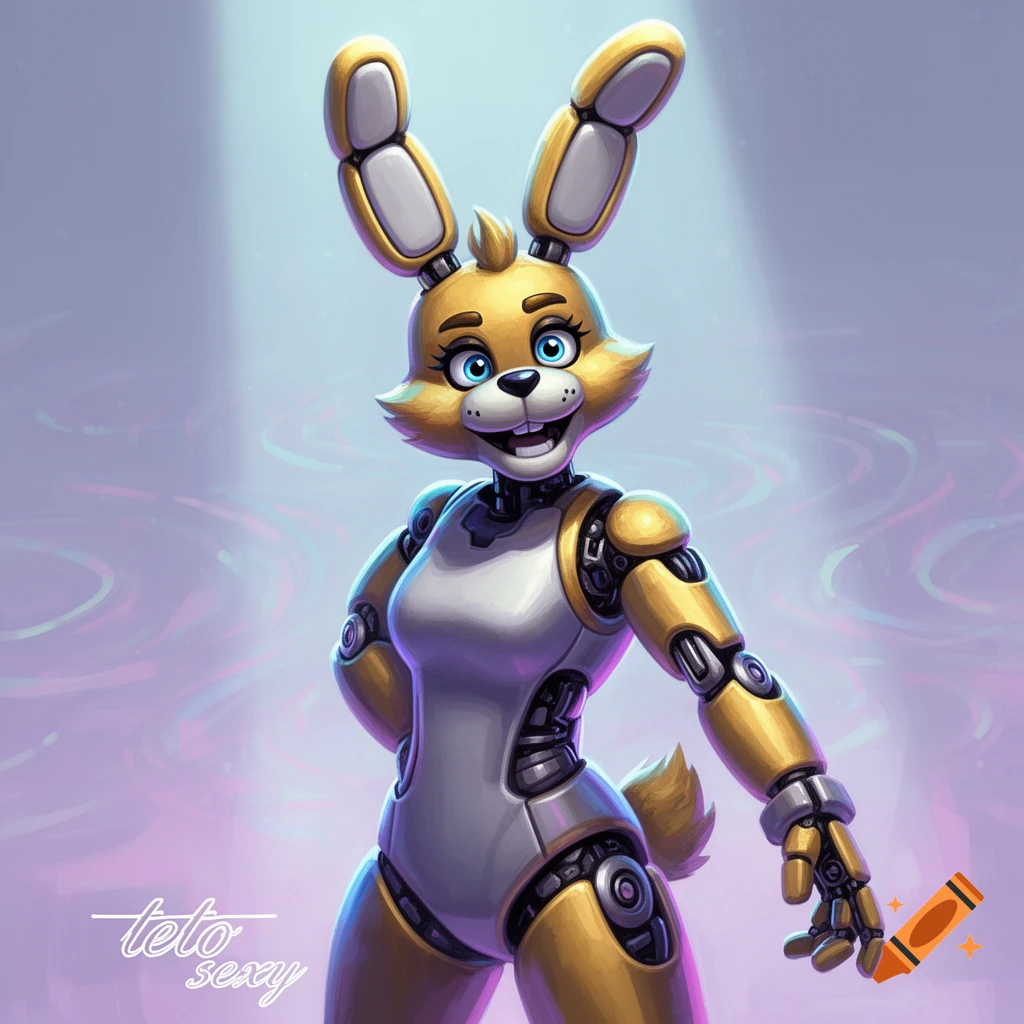 A smiling gold and white anthropomorphic robot bunny with blue eyes stands in a spotlight against a purple background.