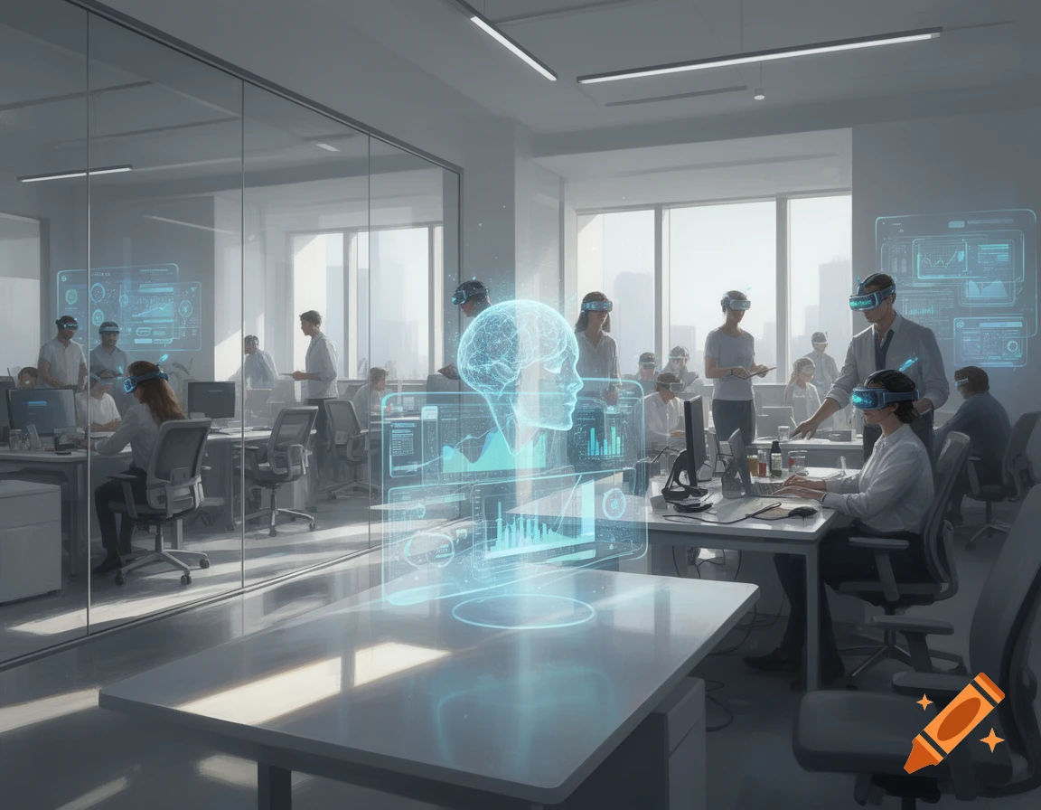 Photorealistic image of people working in a modern, brightly lit office, wearing VR headsets and interacting with glowing holographic interfaces and screens showing data and a brain.
