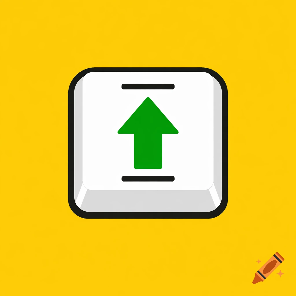 A minimalist flat icon of a white keyboard keycap with a green upward arrow and two horizontal lines, on a solid yellow background.