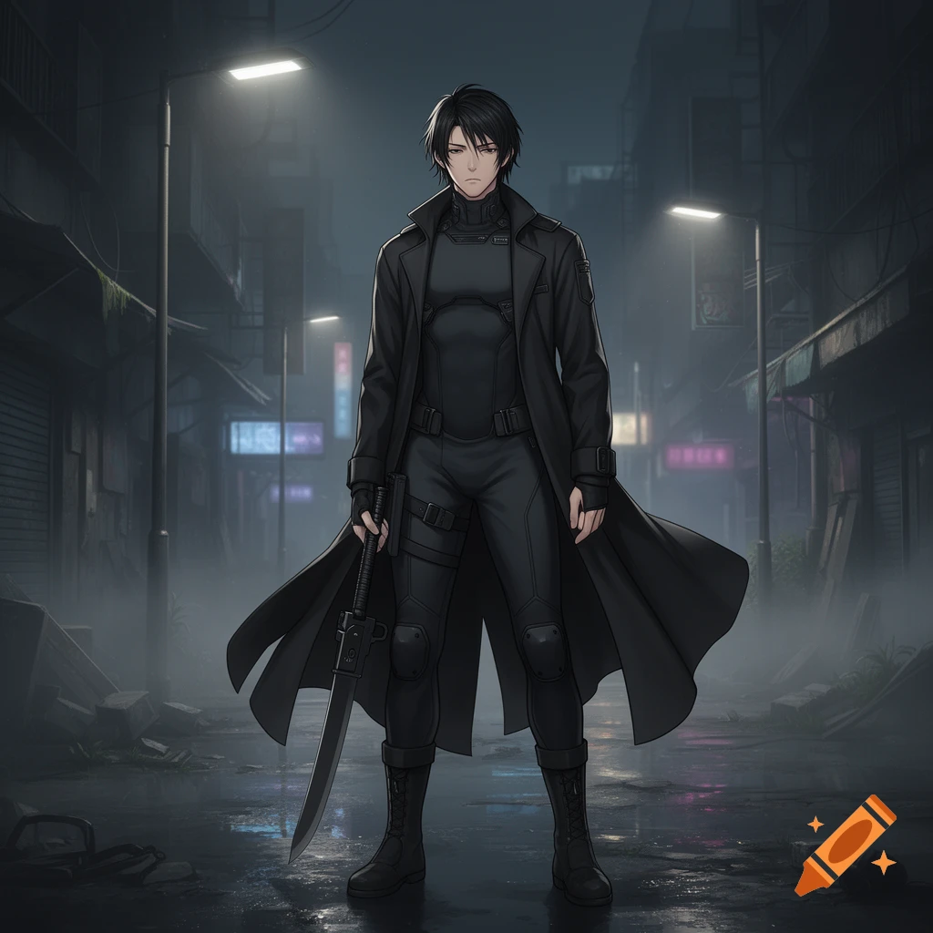 Japanese anime illustration of a young male mercenary in a black coat, holding a saber, standing in a misty cyberpunk city street at night.
