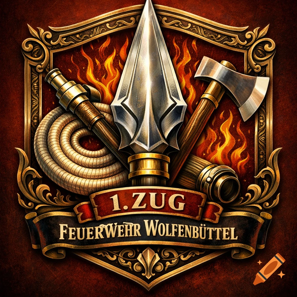 An ornate, detailed heraldic crest features a silver spearhead, coiled fire hose, and axe against a fiery red background, with "1. ZUG FEUERWEHR WOLFENBÜTTEL" on a banner.