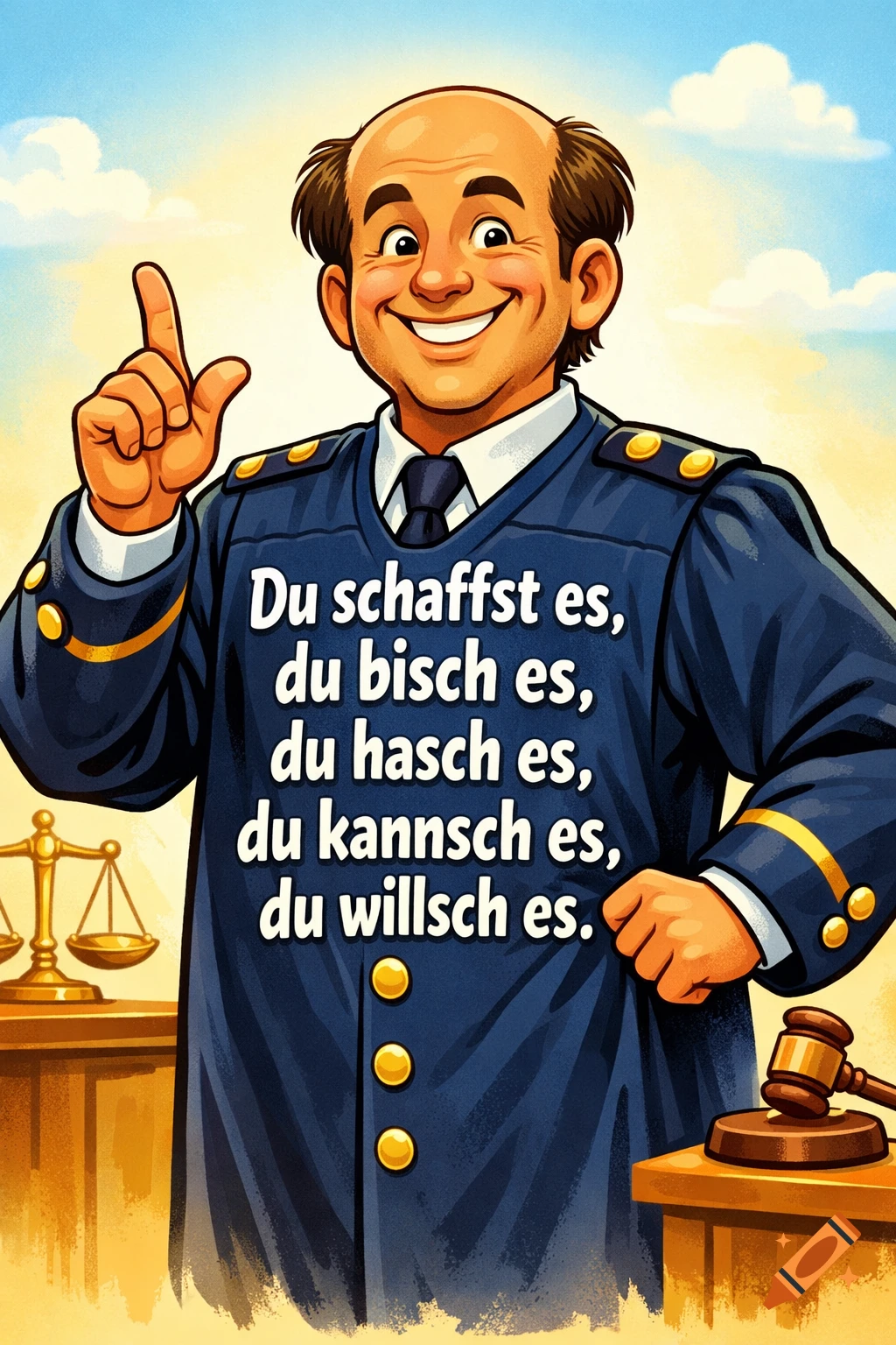 Cartoon judge with a balding head, smiling and pointing upwards, wearing a dark blue uniform with golden buttons and motivational German text.
