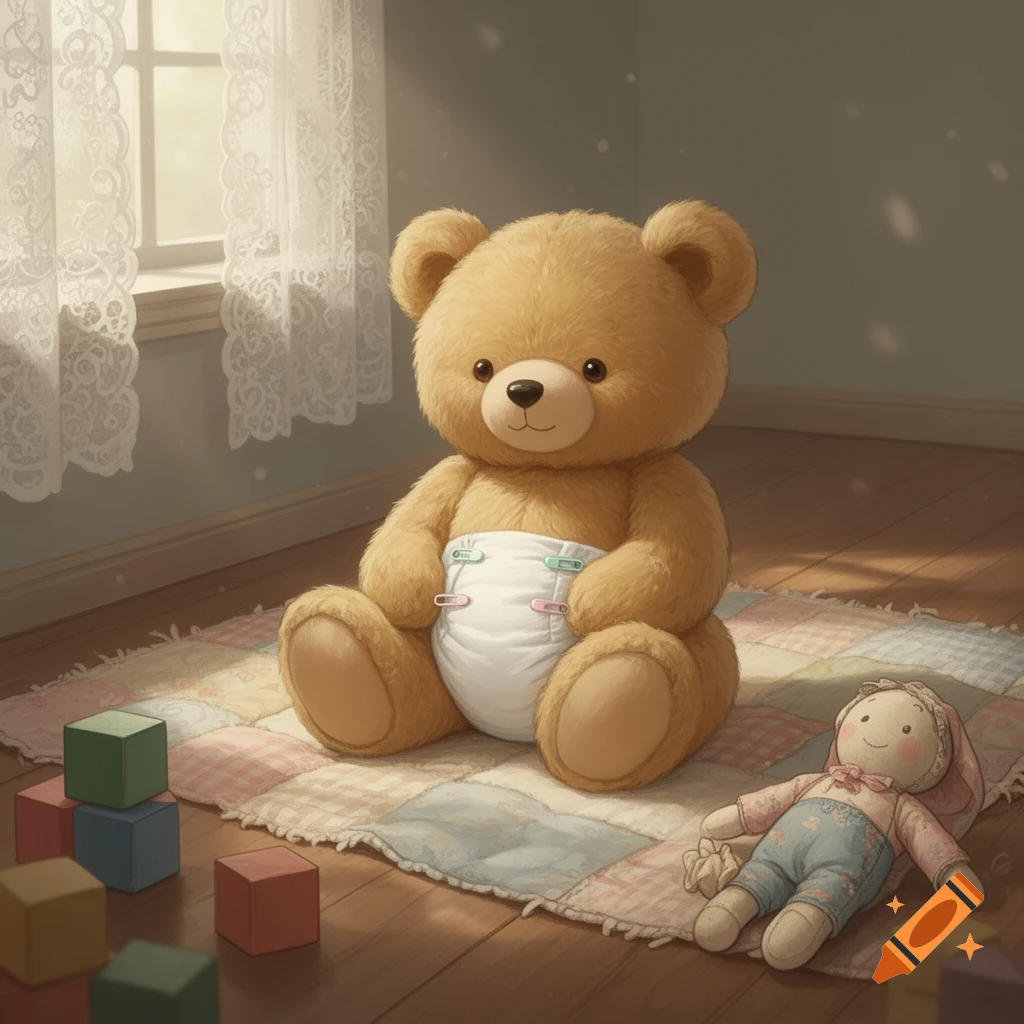 A fluffy brown teddy bear wearing a white diaper sits on a patchwork rug with a rag doll and building blocks in a sunlit room.