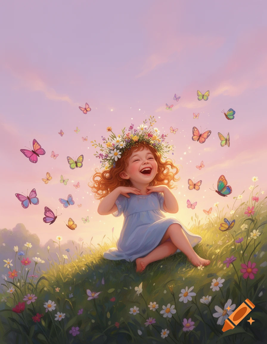 A joyful girl with a flower crown laughs while sitting in a field ...