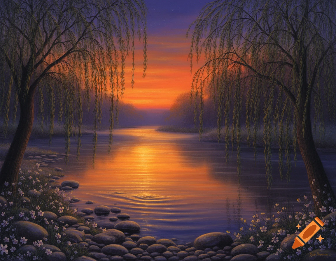 Painting of a vibrant sunset over a calm river, flanked by two weeping ...