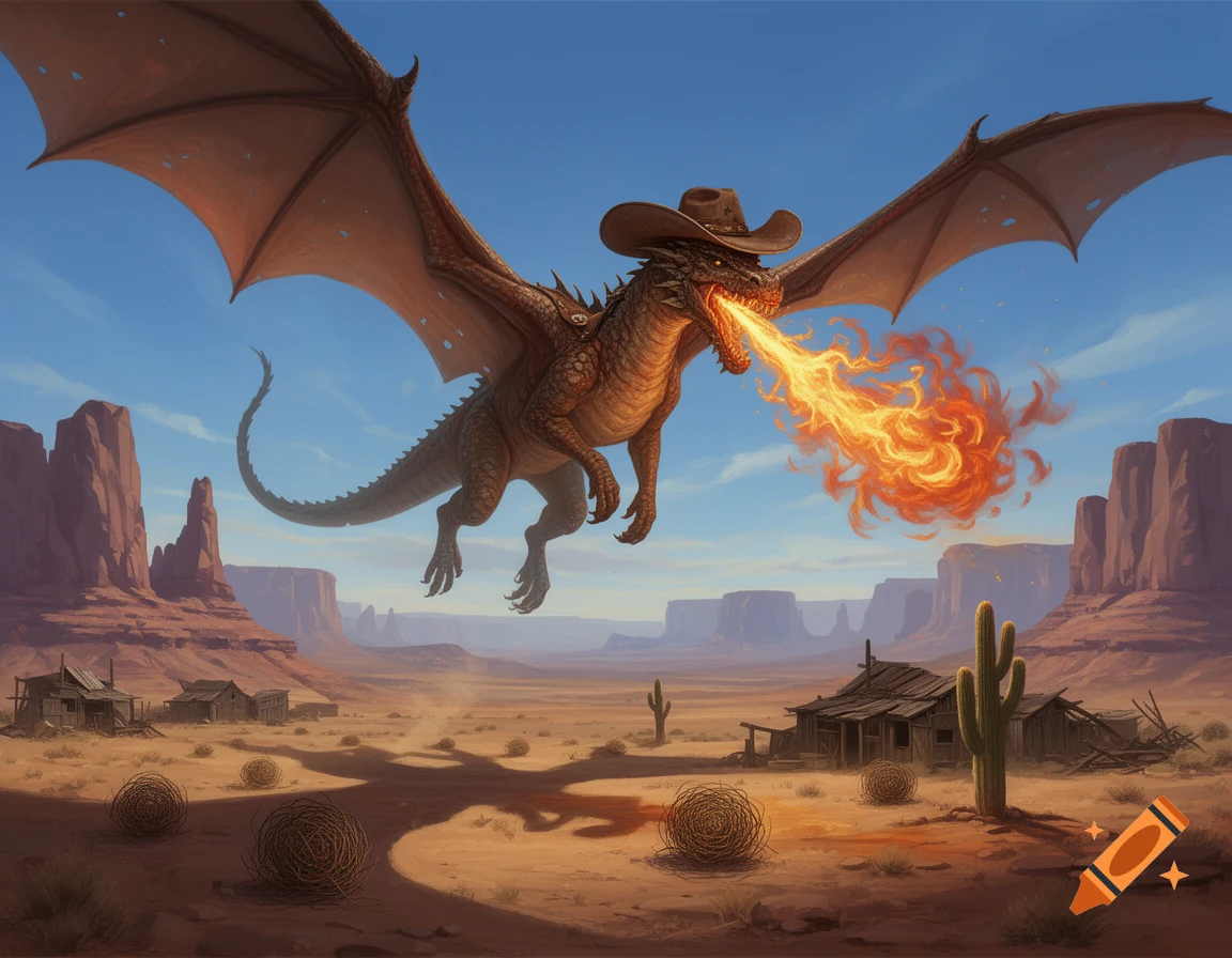 A fire-breathing dragon wearing a cowboy hat flies over a wild west desert landscape with mesas, cacti, and dilapidated shacks.