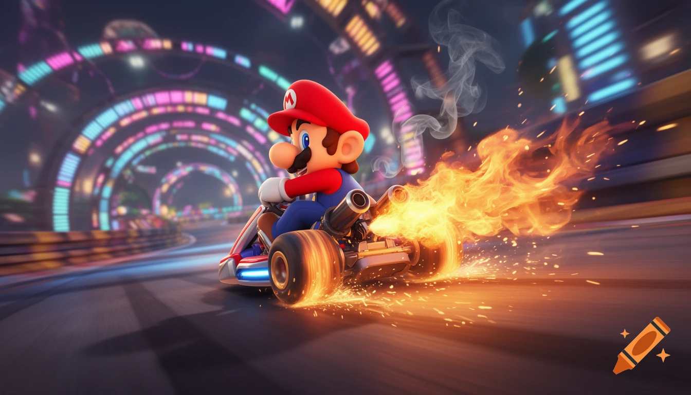 Mario in his kart speeds along a neon-lit futuristic race track, flames bursting from his kart and smoke trailing behind.