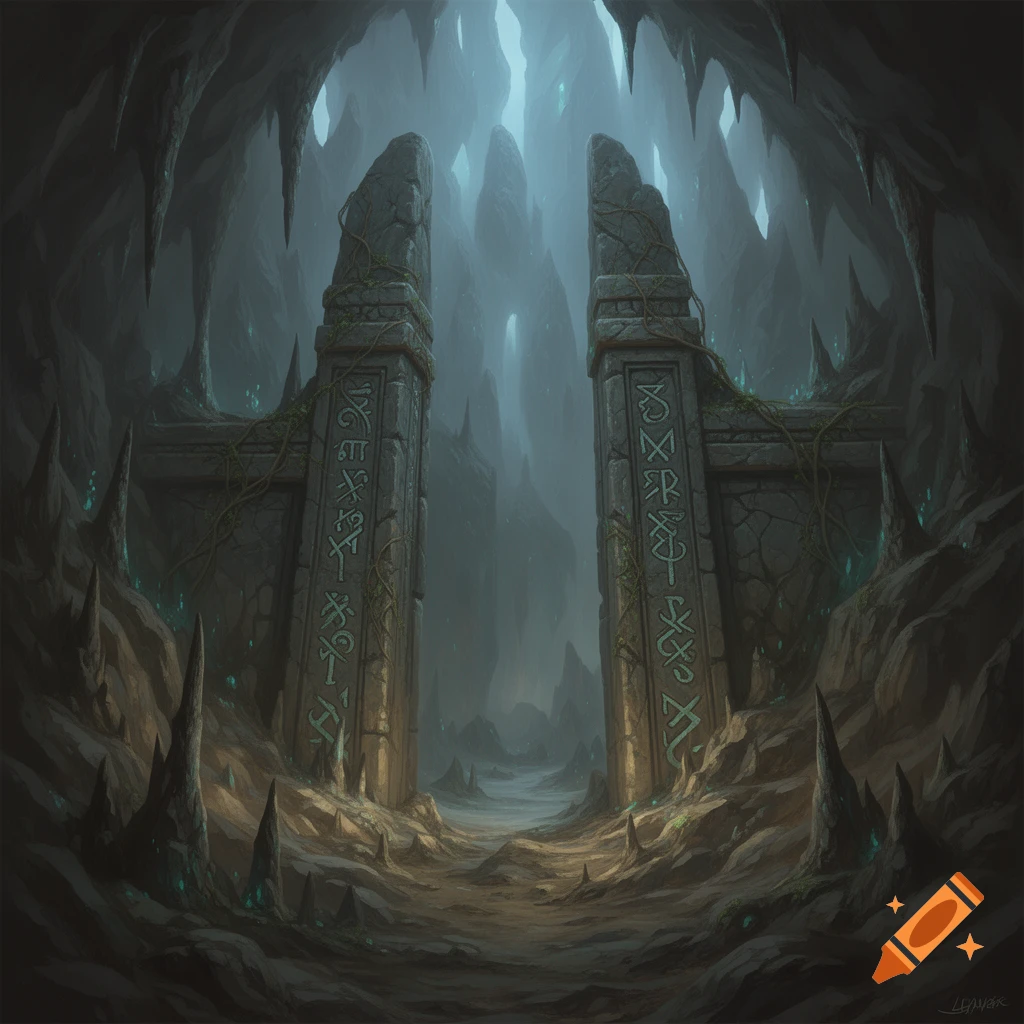 Dark, misty fantasy cave with ancient stone gates covered in glowing runes and vines, leading to a cavernous passage.