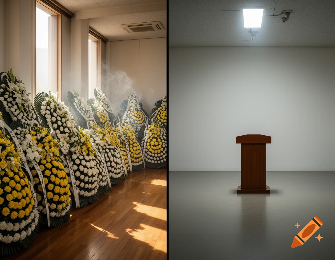 A split image shows a Korean funeral hall on the left with many white and yellow condolence wreaths, and on the right, an empty, minimal hall with a wooden podium.