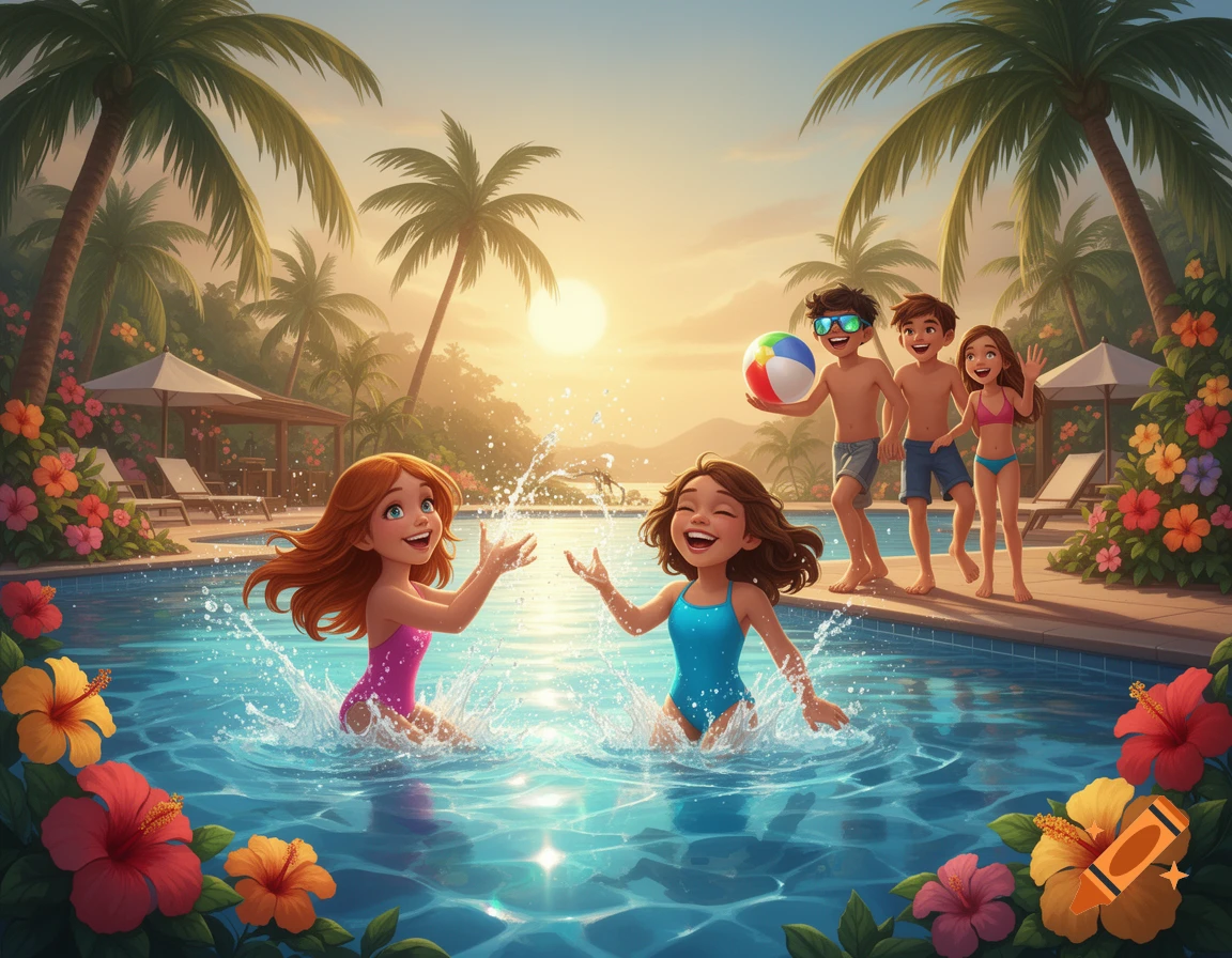 Smiling children play in a vibrant tropical swimming pool at sunset, surrounded by palm trees and hibiscus flowers, in a cartoon style.