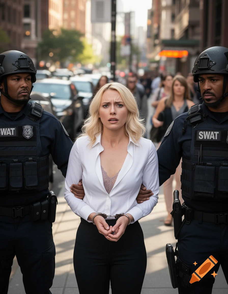 A distressed blonde businesswoman in a white shirt and black pants is handcuffed, being escorted by two SWAT policemen in an urban street.