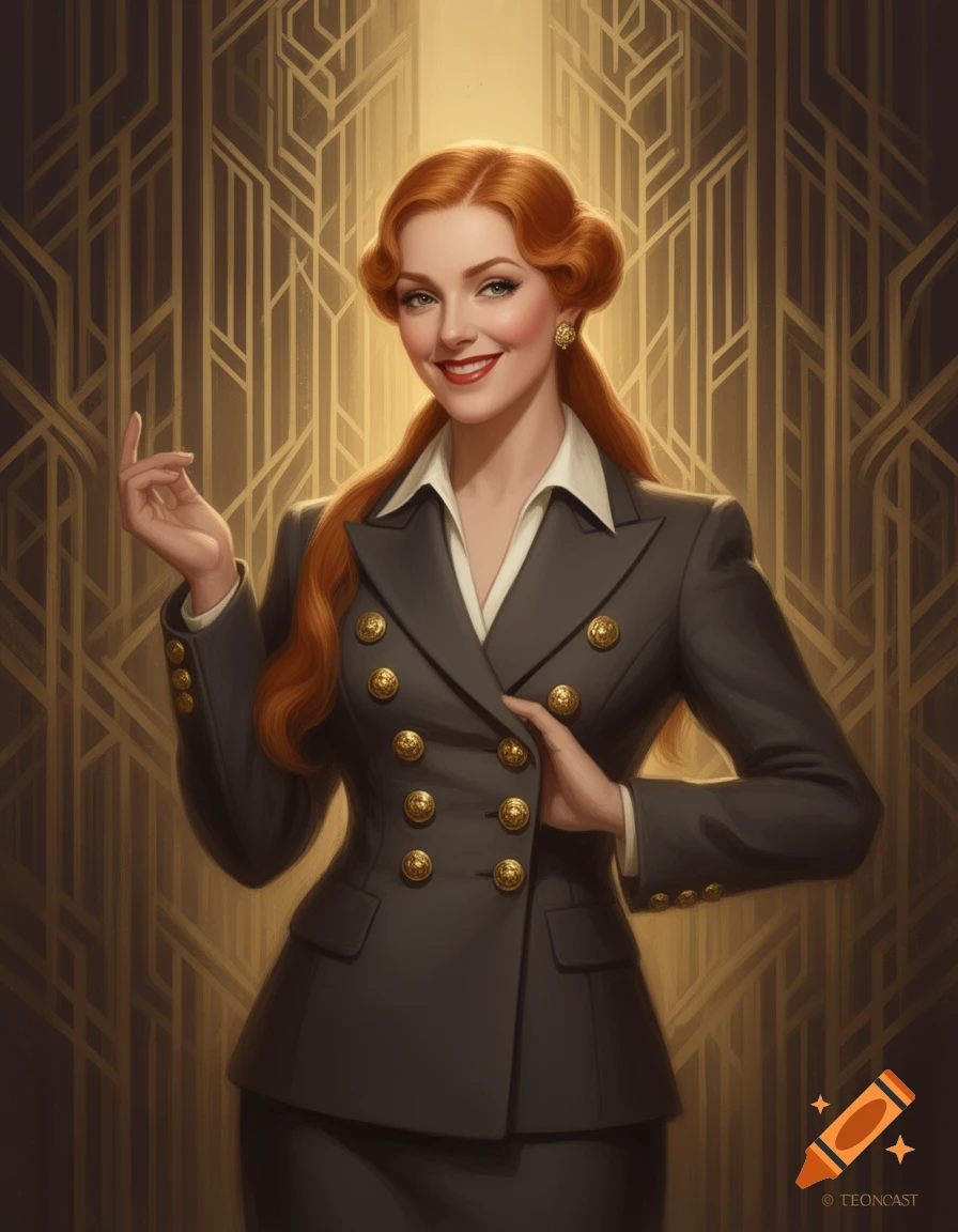 A confident woman with long ginger hair in a 1930s dark suit with gold buttons, smiling against an Art Deco background.
